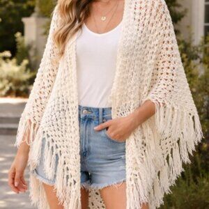 Boho Crochet Fringe Shawl Poncho Cream Triangle Wrap Festival One Size